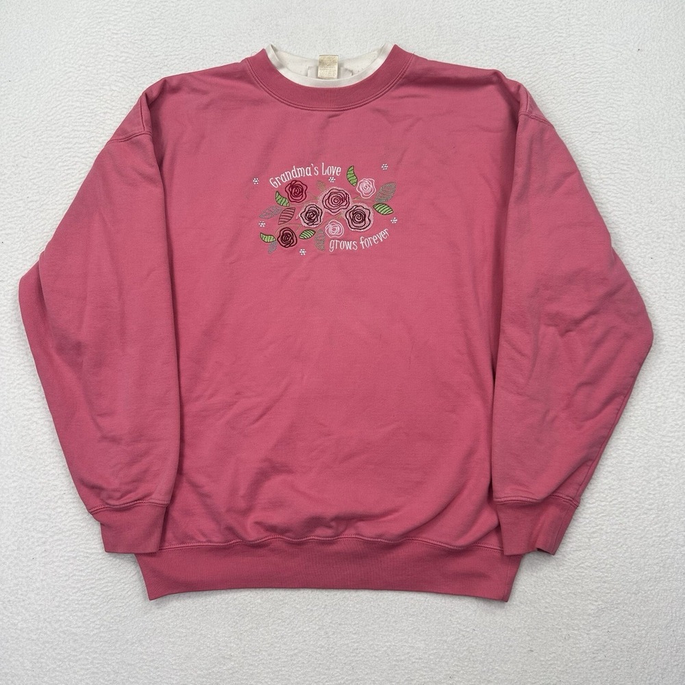 VTG MC Sportswear Grandmas Love Gros Sweatshirt Size Large Pink‎ Flowers Roses